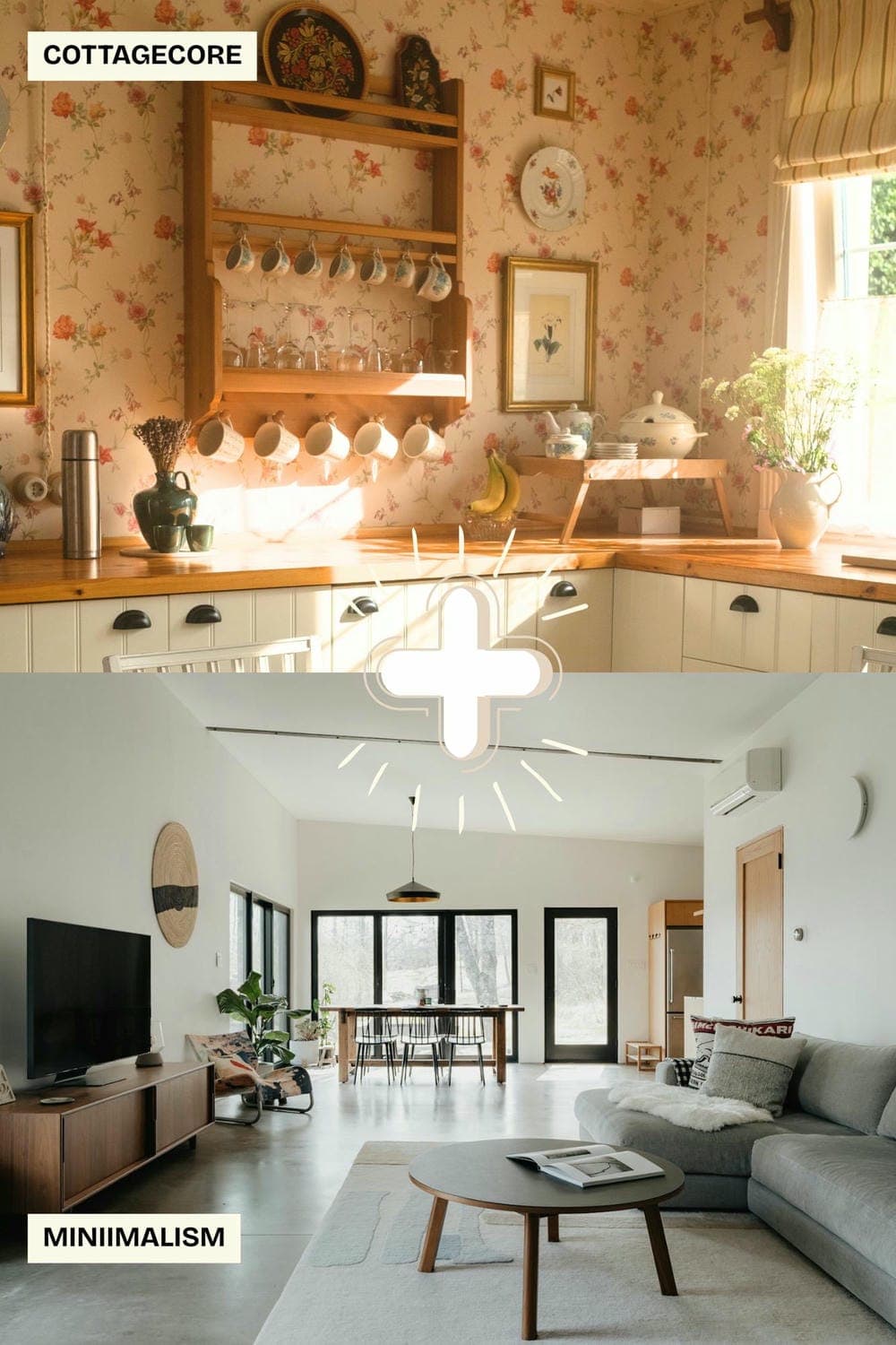 visual comparison of cottagecore and minimalism interior design