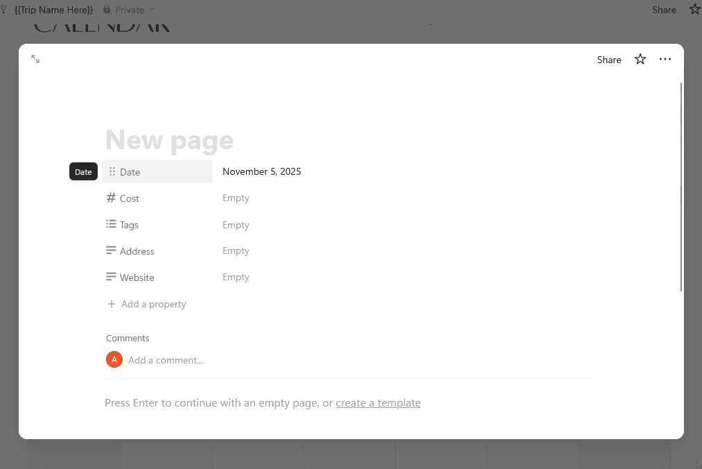 Screenshot of a Notion page titled "New page" with fields for Date, Cost, Tags, Address, and Website, all marked as empty.