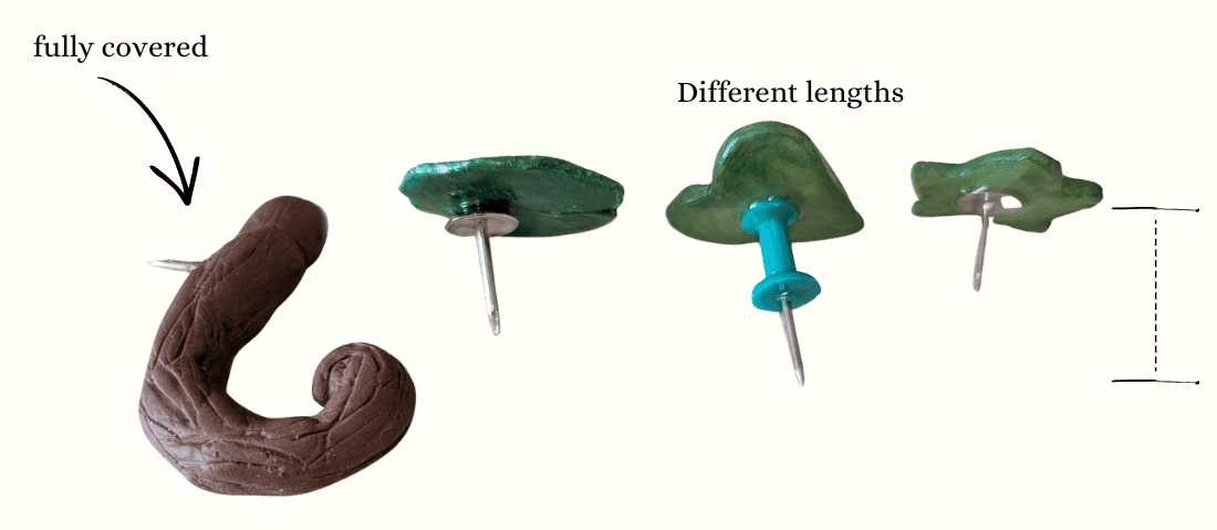 shows example of different pin types used for the clay push pins