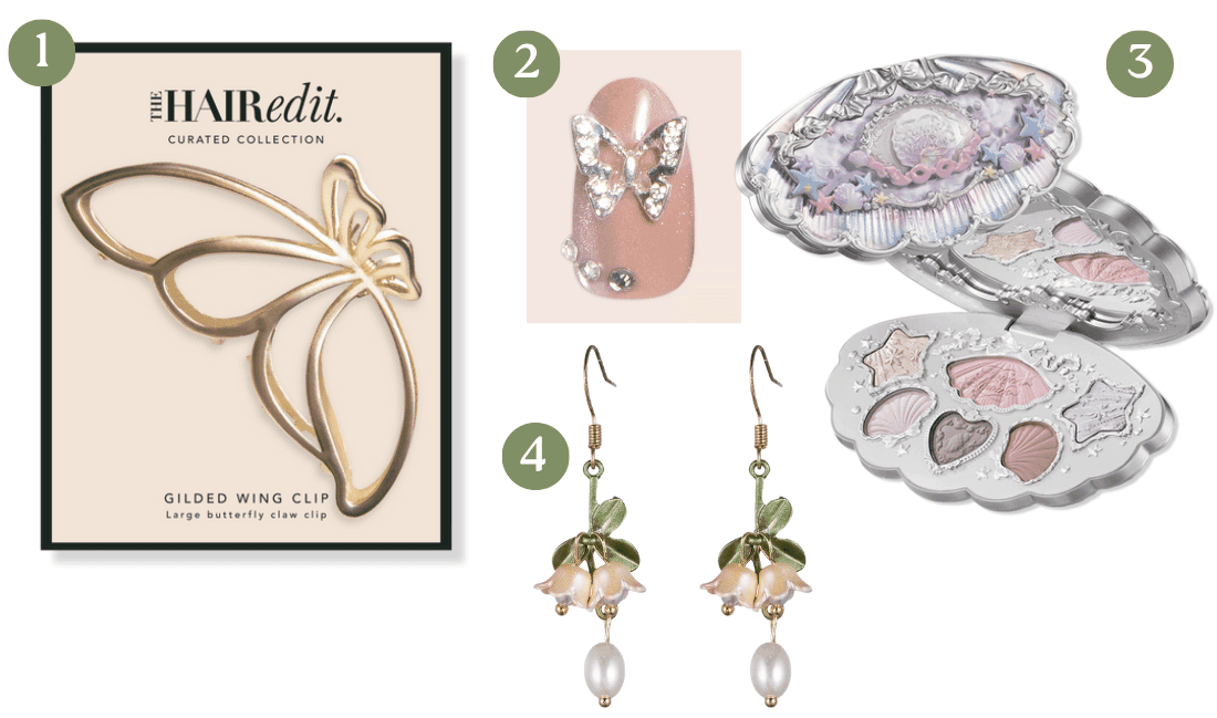 butterfly hair clip, butterfly press on nail, flower earrings and eye makeup palette