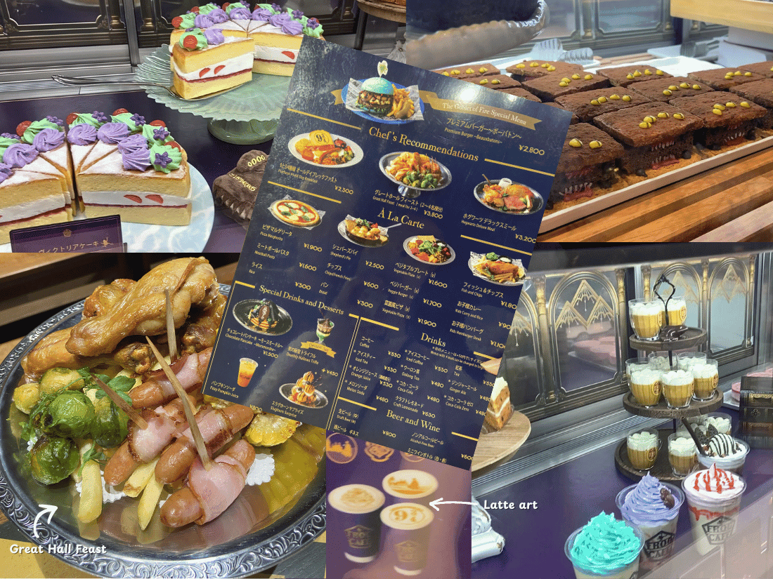 Frog Cafe and Food Hall menu items like cake, latte, great hall feast.