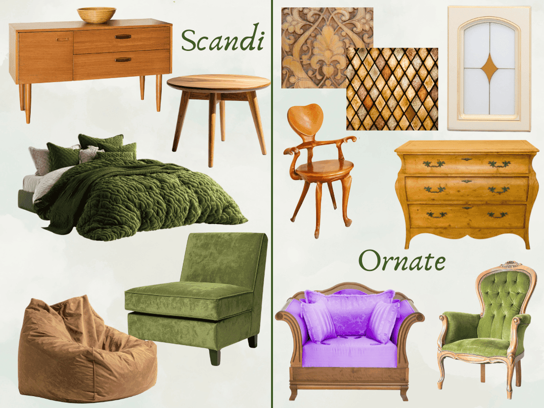 comparison visual of ornate and scandi furniture