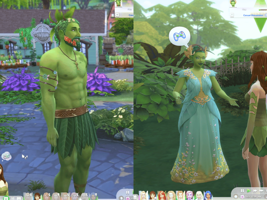 Two green-skinned Sims, one male and one female, dressed in nature-themed outfits, interact in a lush garden setting.