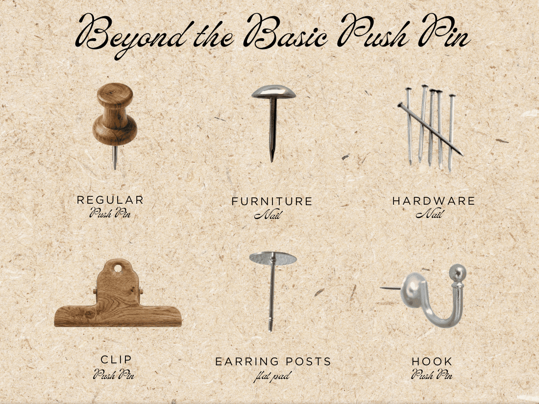 images of different push pin alternatives hook, clip, furniture, regular nails