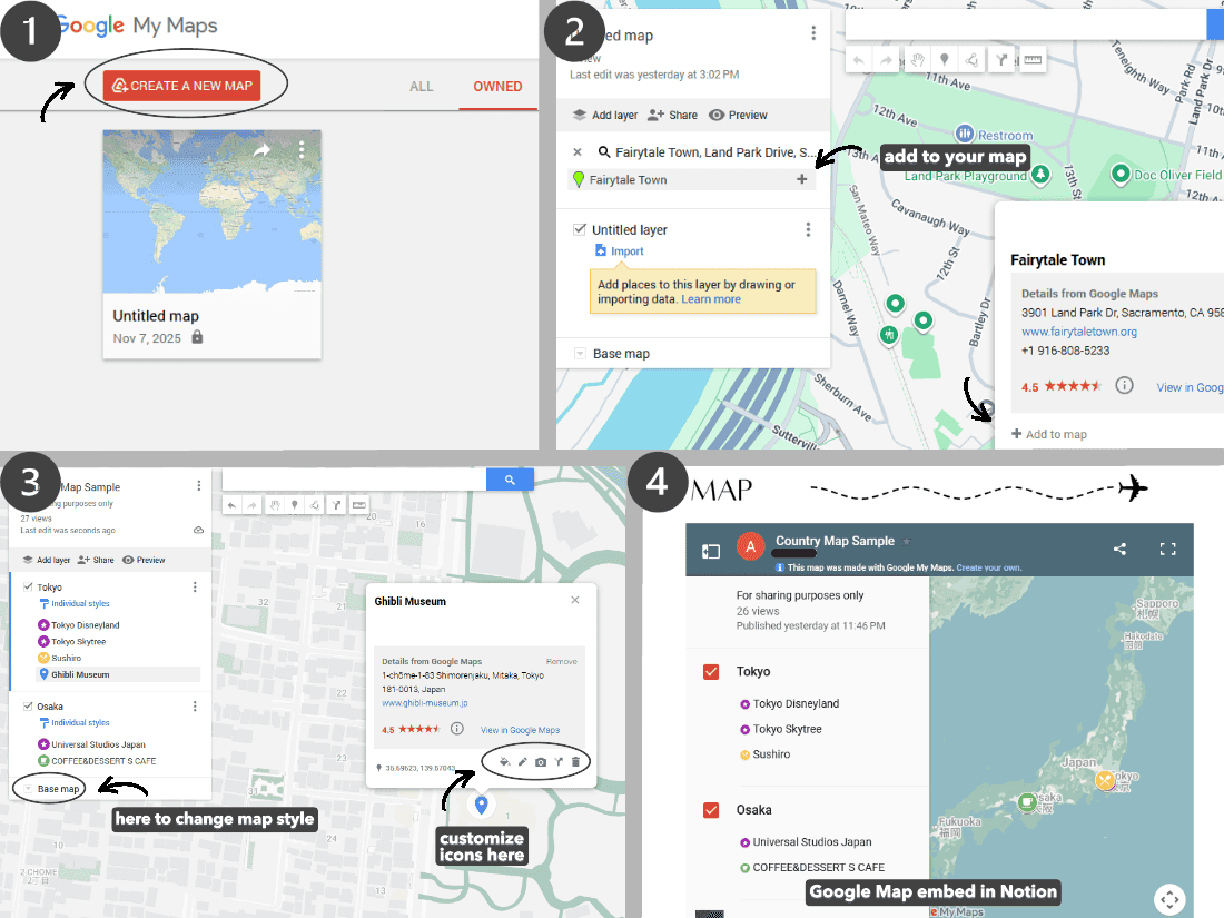 A four-step guide to using Google My Maps, showing map creation, style customization, and embedding options with visual instructions.