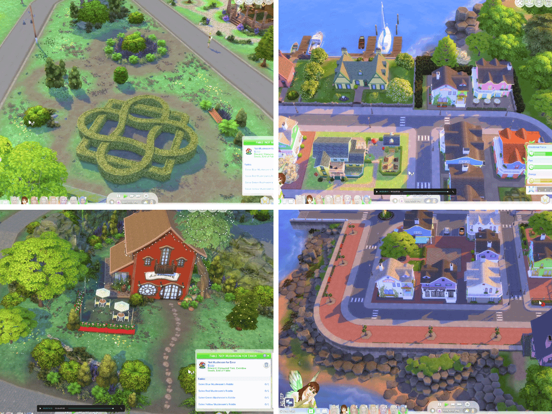 A collage of video game scenes shows a hedge maze, coastal town, colorful houses, a red barn, and a waterfront area with docks and boats.