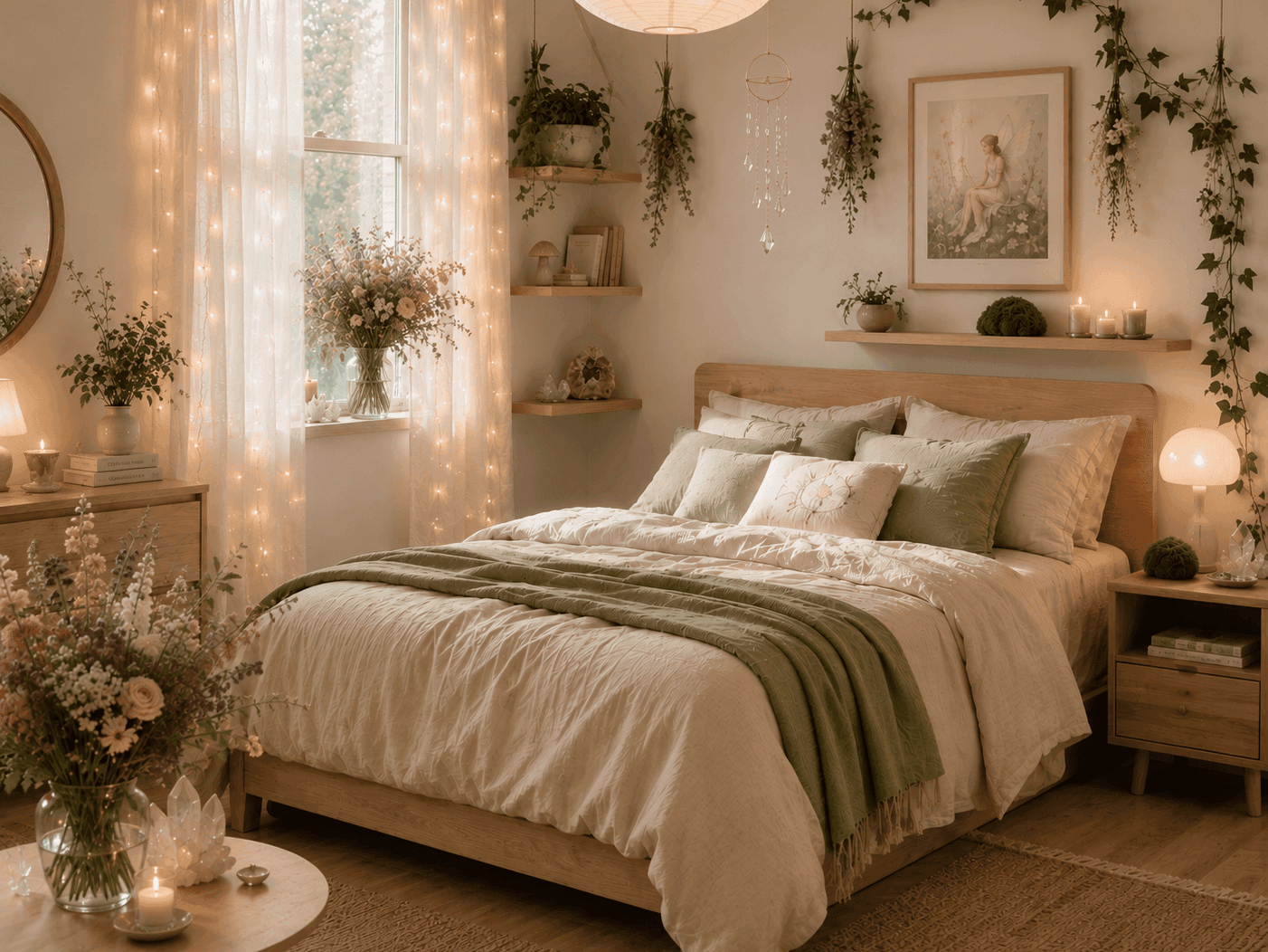 soft white fairycore bedroom with minimal decor