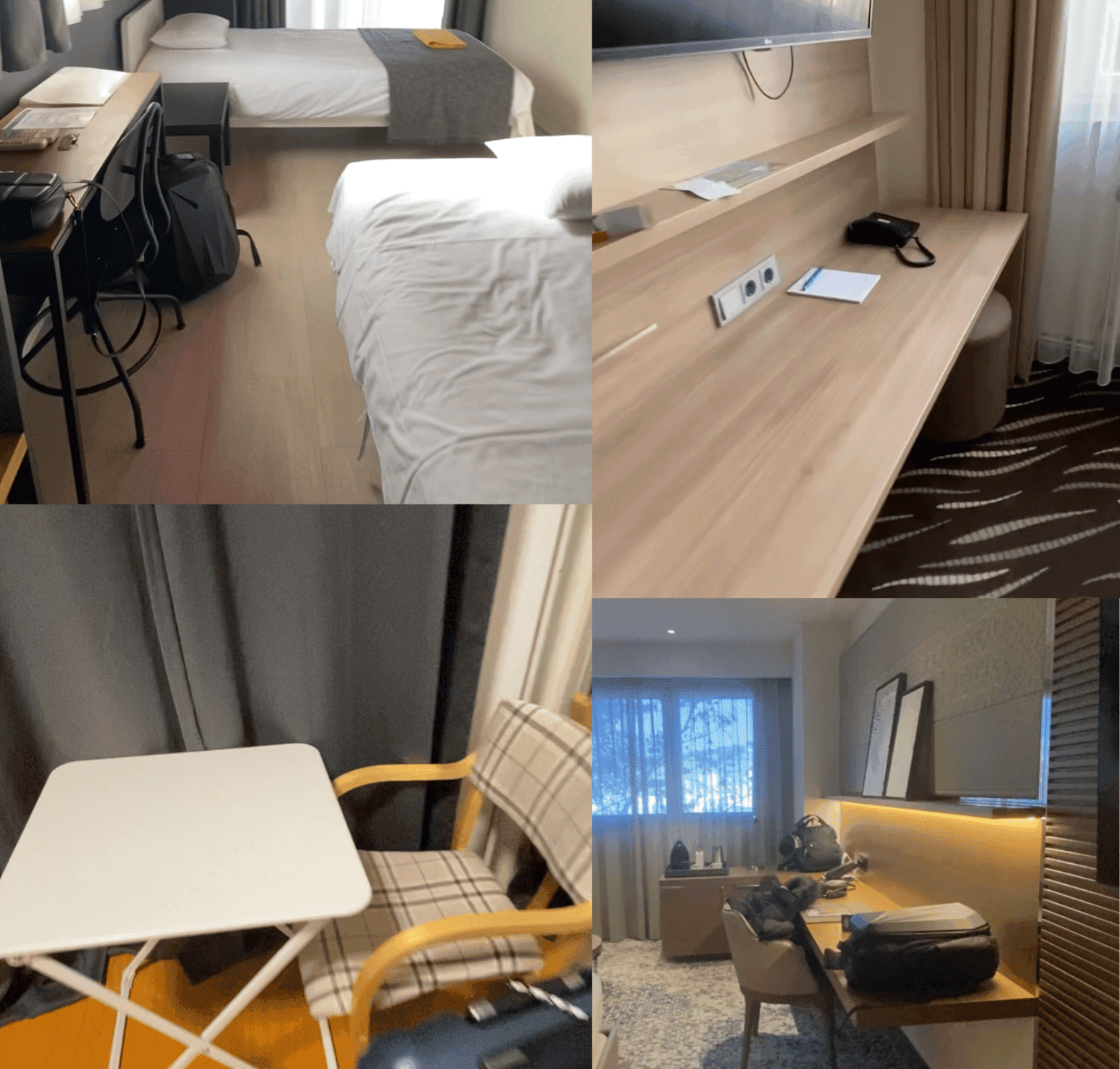 Collage of a modern hotel room: includes bed, work desk, wall outlets, small table with chair, and window with curtains.