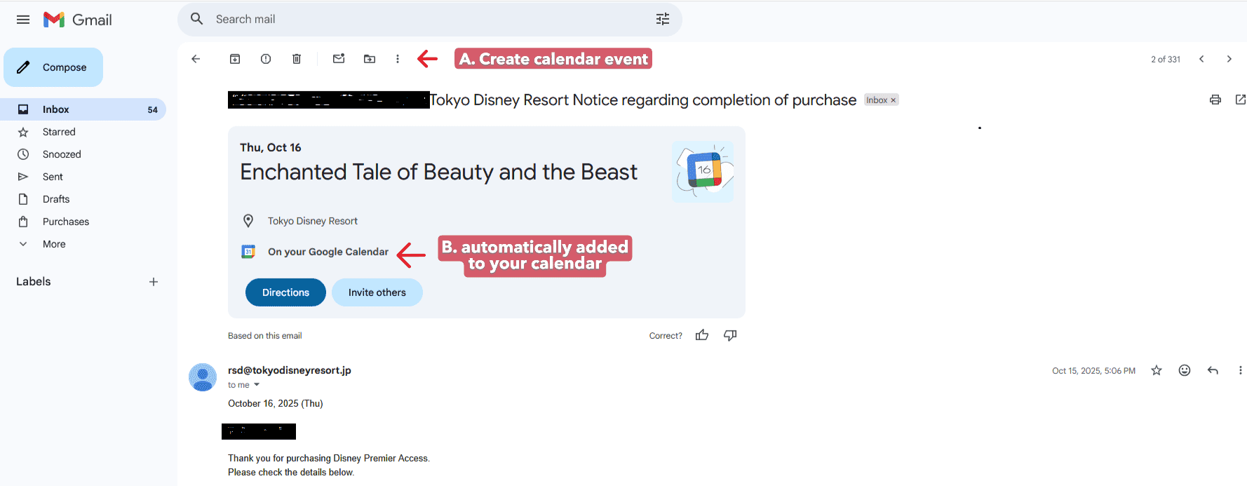 Email interface showing a message about an event with calendar integration options highlighted.