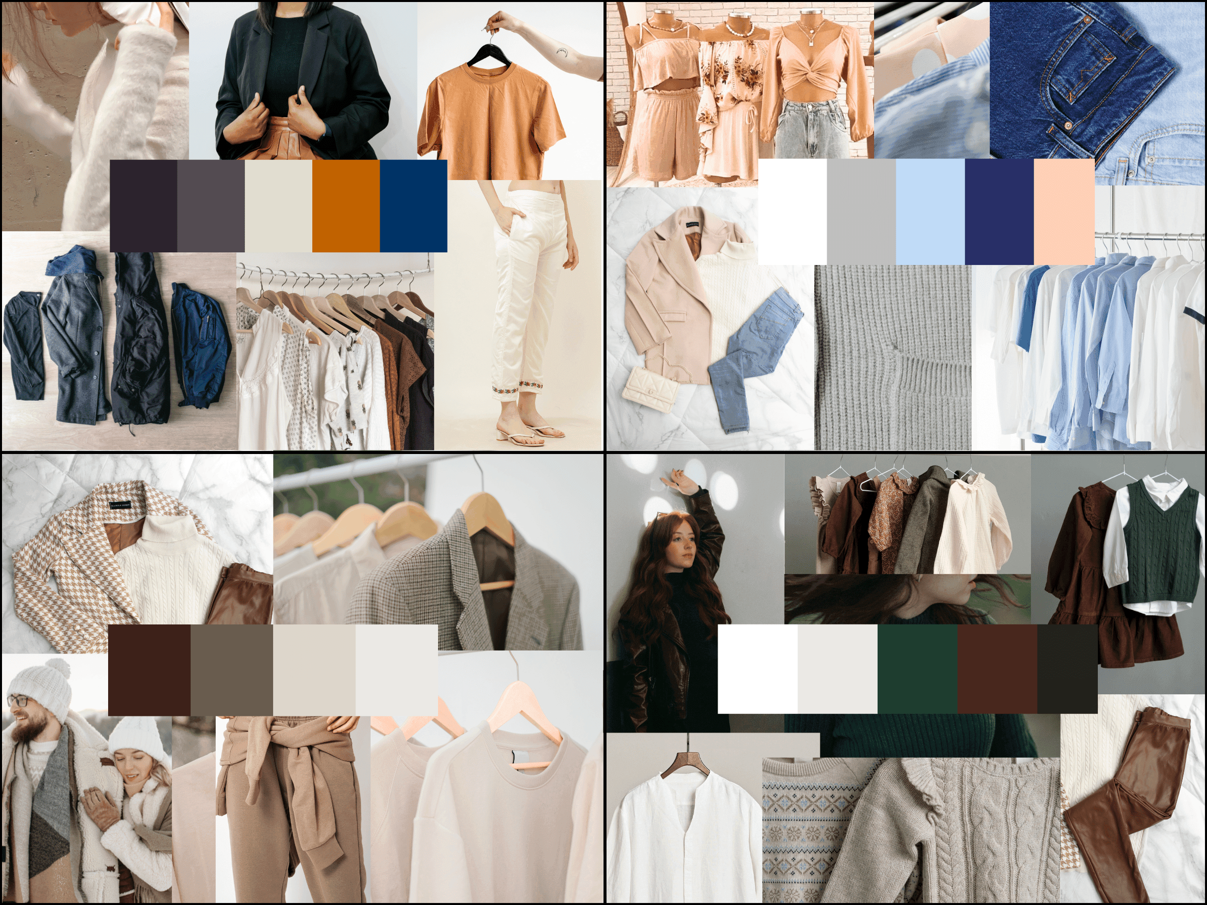 Collage of clothing items and their matching color palettes, featuring various garments like jackets, sweaters, and pants on hangers.