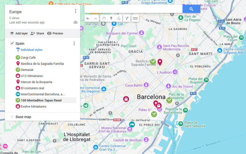 Google My Maps Europe Barcelona pin map