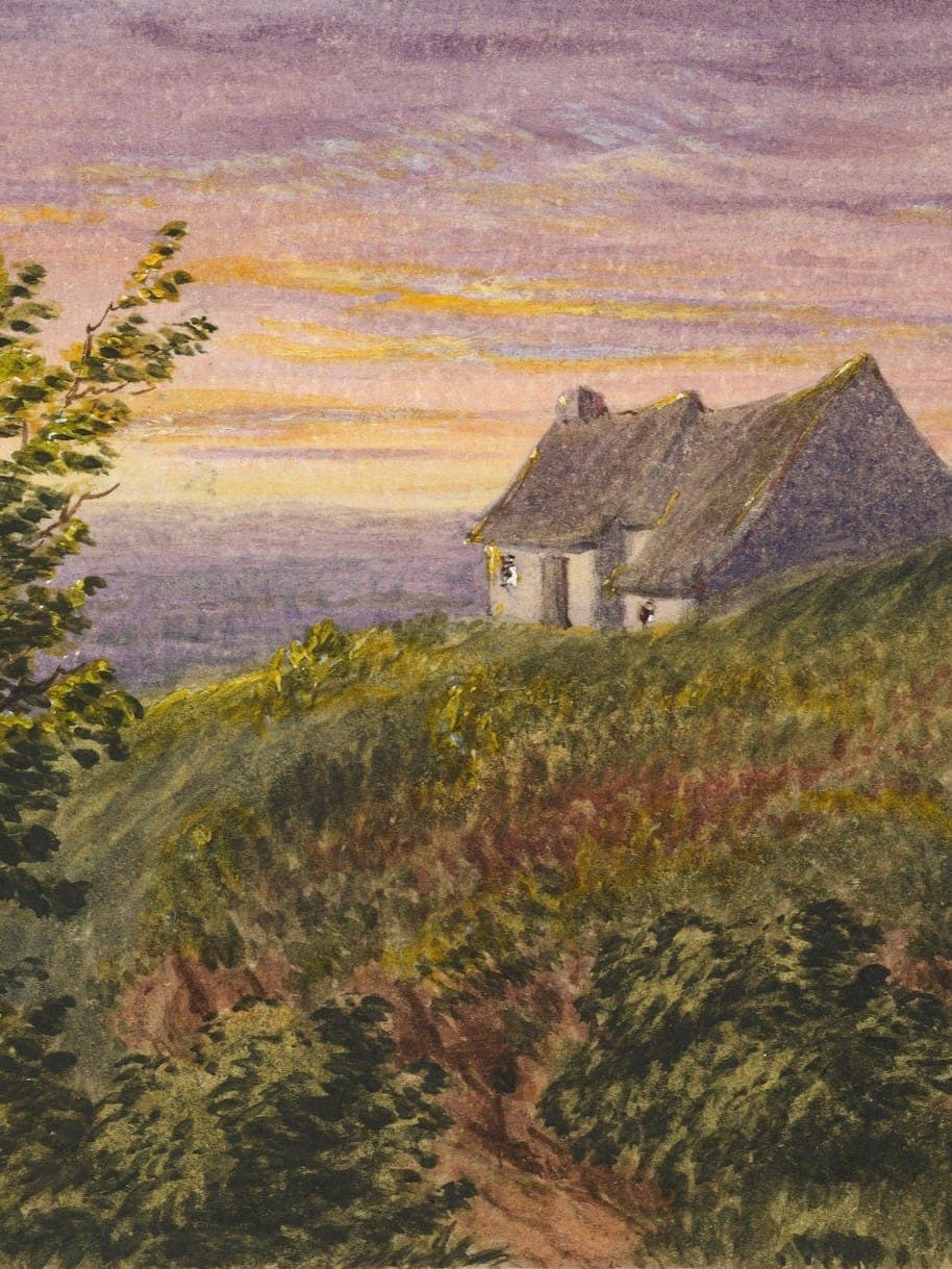 A quaint cottage sits atop a hill surrounded by foliage, under a twilight sky painted in warm hues of pink, purple, and orange.