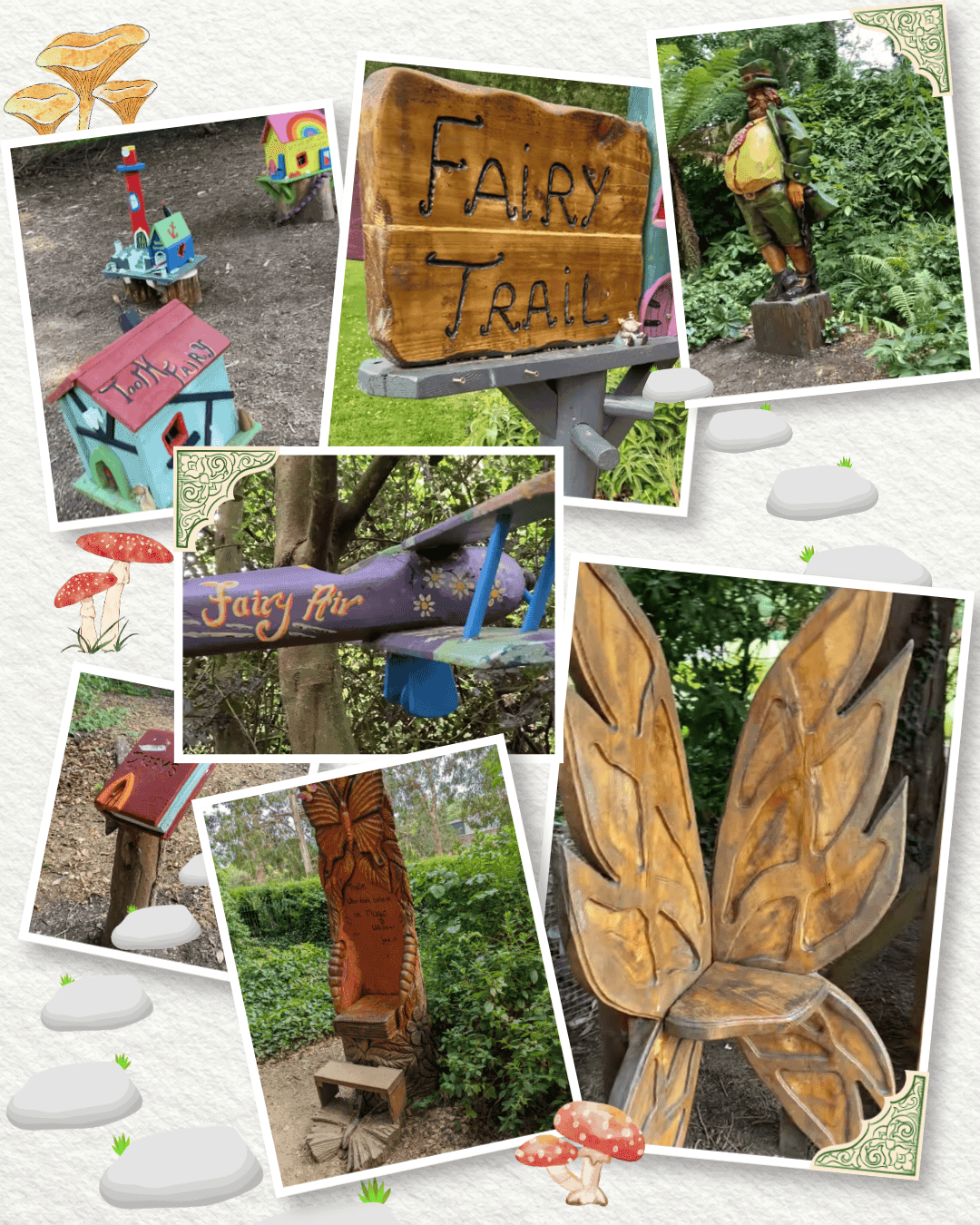 Fairy Trail Walking Path points Collage of a fairy-themed trail with whimsical homes, a wooden sign, carved wings, and a gnome statue in a lush garden setting.