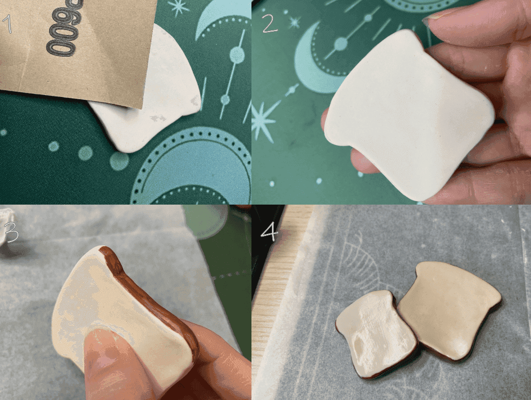 Four-step process showing clay bread creation: 1) Flattening white clay, 2) Shaping into bread slice, 3) Adding brown edge, 4) Two finished slices.