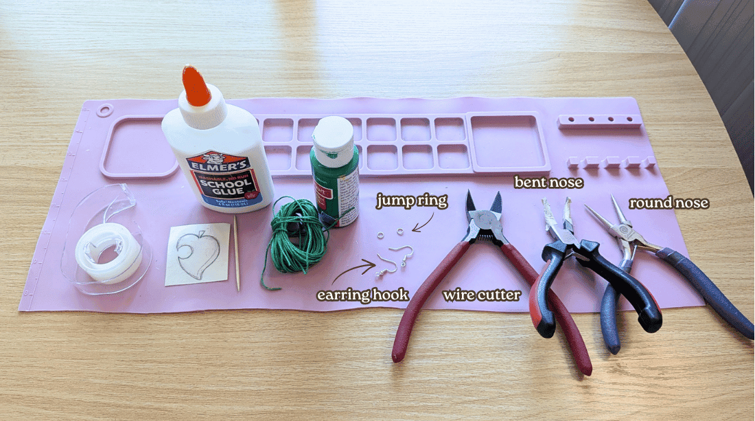 Setup for Diy cord string earrings craft setup with jewelry making supplies and craft string