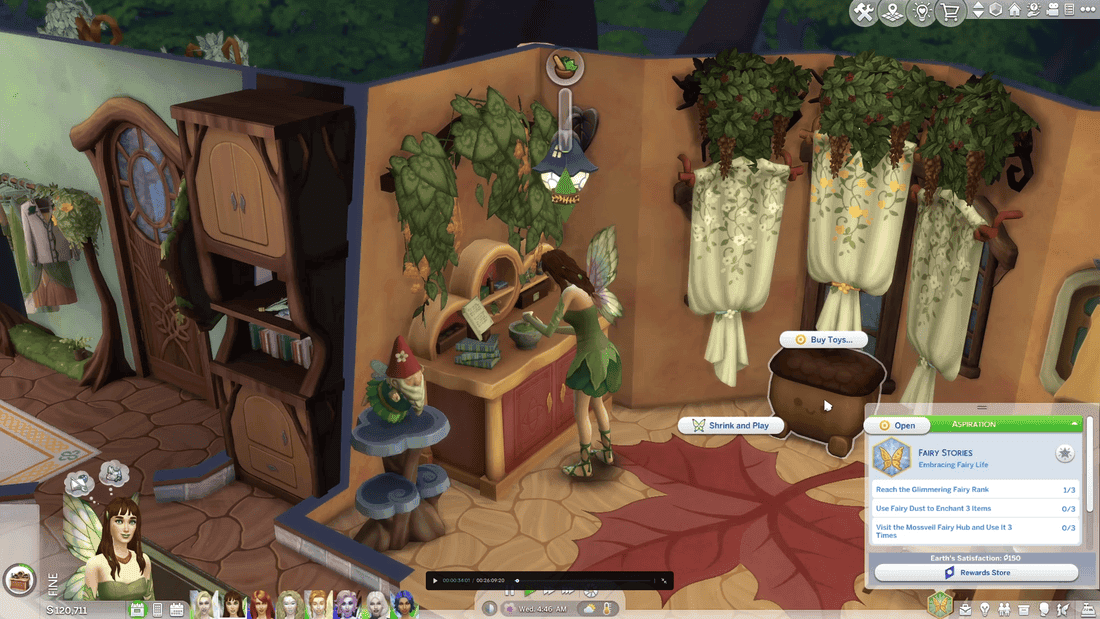 Sims 4 Apothecary table A fairy in a green dress stands at a plant-filled workspace in a cozy, magical room with wooden furniture in a simulation game.