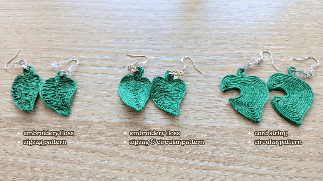 thread comparison of leaf earrings embroidery floss vs cord string leaf earrings