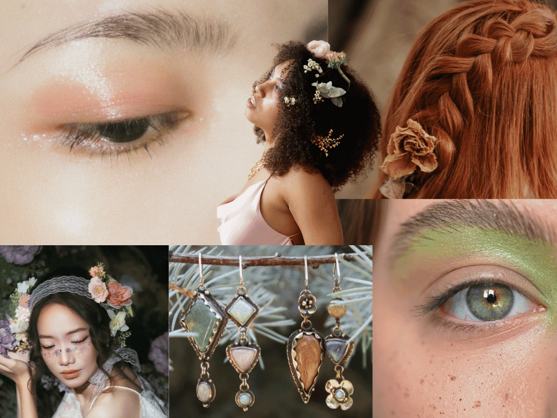 Fairycore makeup and accessories collage of ethereal style makeup, flowers in hair, earrings