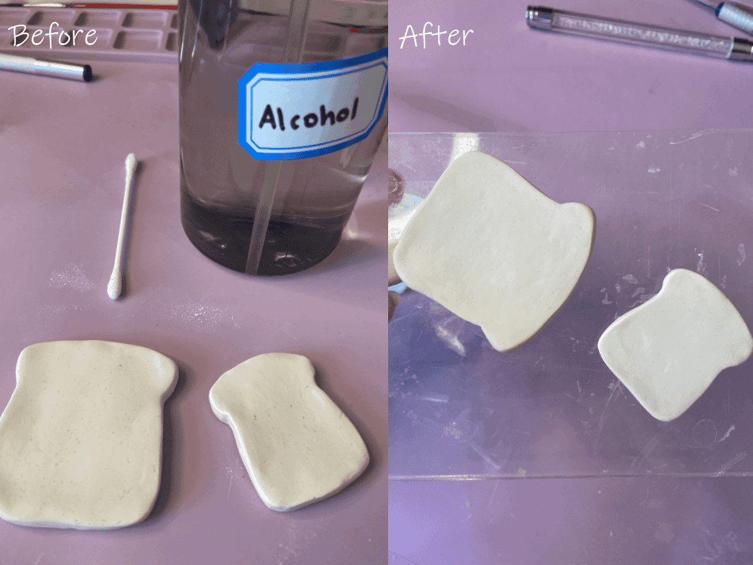 Two clay pieces before and after cleaning with alcohol; left shows dirt and right shows clean pieces against a placemant with tools.