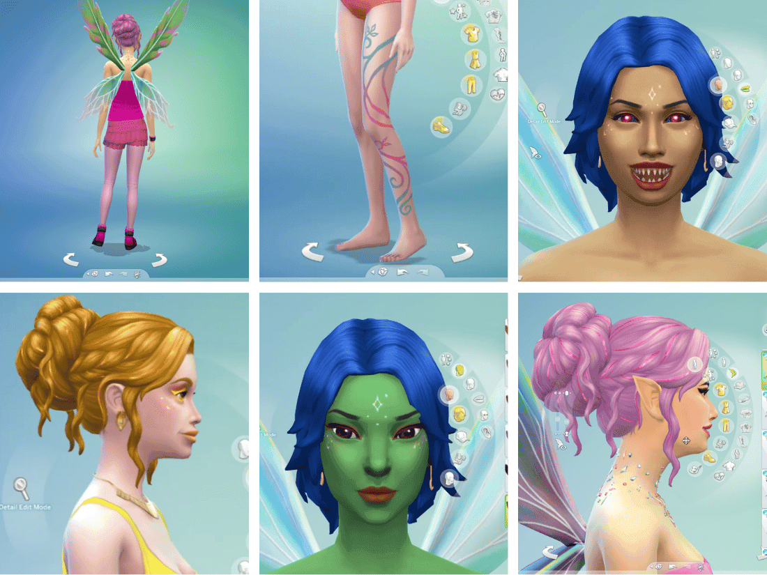 sims 4 enchanted by nature character creation Screenshots of customized characters in a game, showcasing fairy wings, colorful hairstyles, body art, and unique facial features.