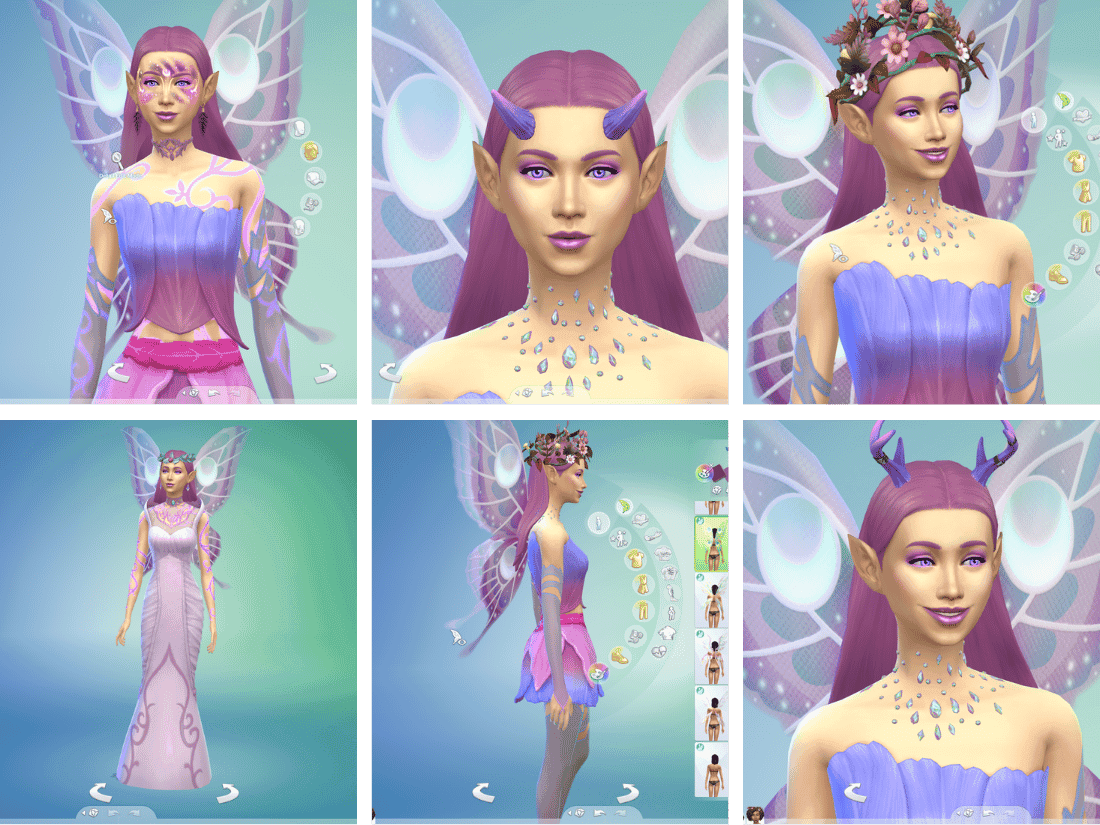 sims 4 enchanted by nature new clothing and accessories Collage of a fairy character in various costumes and accessories, featuring wings, purple hair, and decorative face and body makeup.