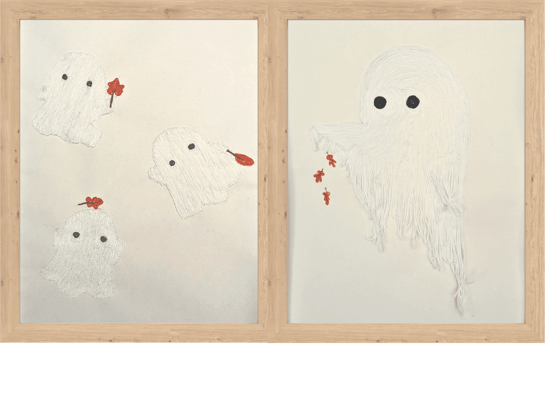 thread art of floating ghosts with fall leaves two framed pictures of ghosts with various fall leaves