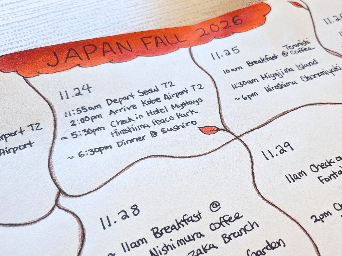 Japan Fall 2026 Itinerary Hand drawn autumn themed travel itinerary