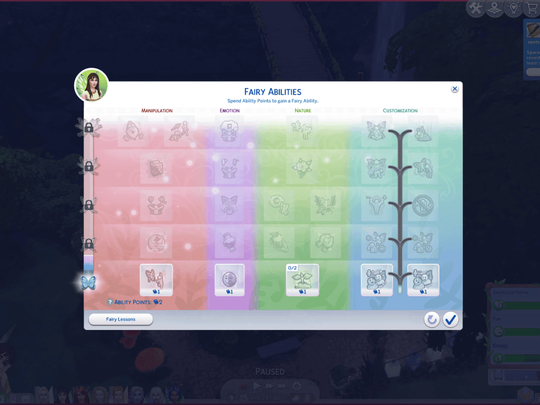 Sims 4 Enchanted by Nature Fairy Stories Aspiration ability chart Game interface showing fairy abilities menu with categories: Manipulation, Emotion, Nature, Customization. Ability points available: 2.