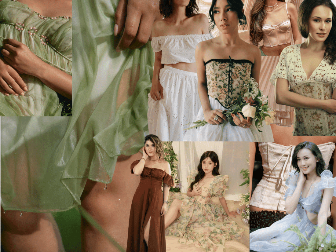 Fairycore fashion collage collage of floral, sheer, satin dresses and corsets