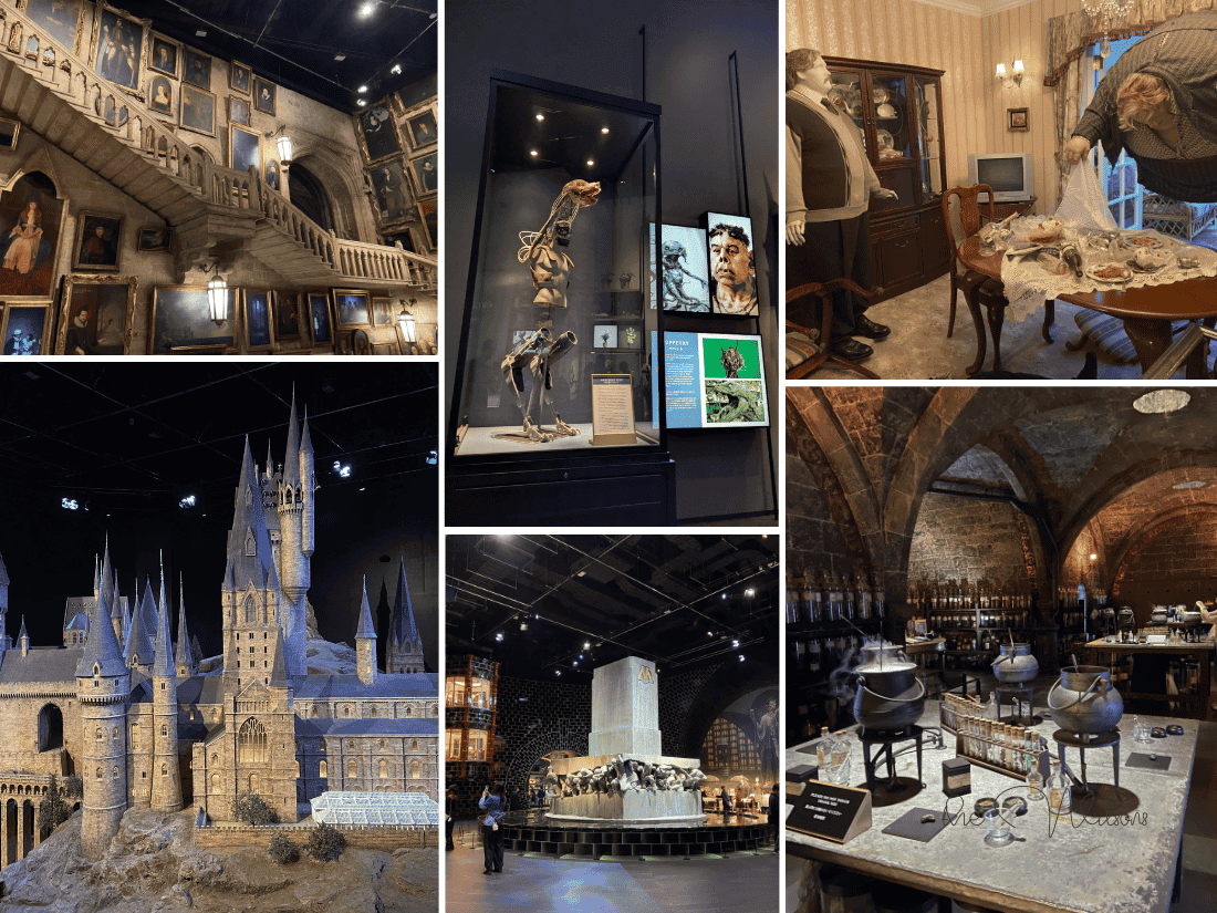 collage of photos taken of the sets in the harry potter studio the moving staircases, animatronics, ministry of magic, miniature hogwarts school, potions class and aunt marge.