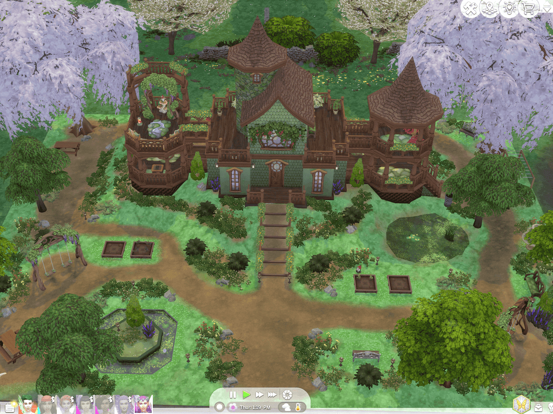 Sims 4 Original content Fairy home Ornate brown house with turrets surrounded by gardens and cherry blossom trees in a lush Sim landscape.