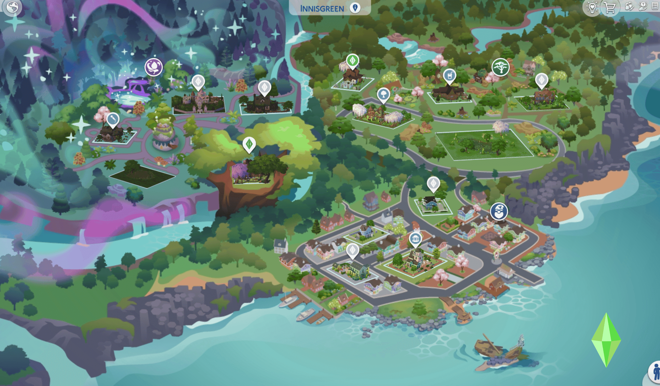 Innisgreen Neighborhood map view video game map of a coastal and forested island with various landmarks, houses, paths, and a magical area under a starlit sky.