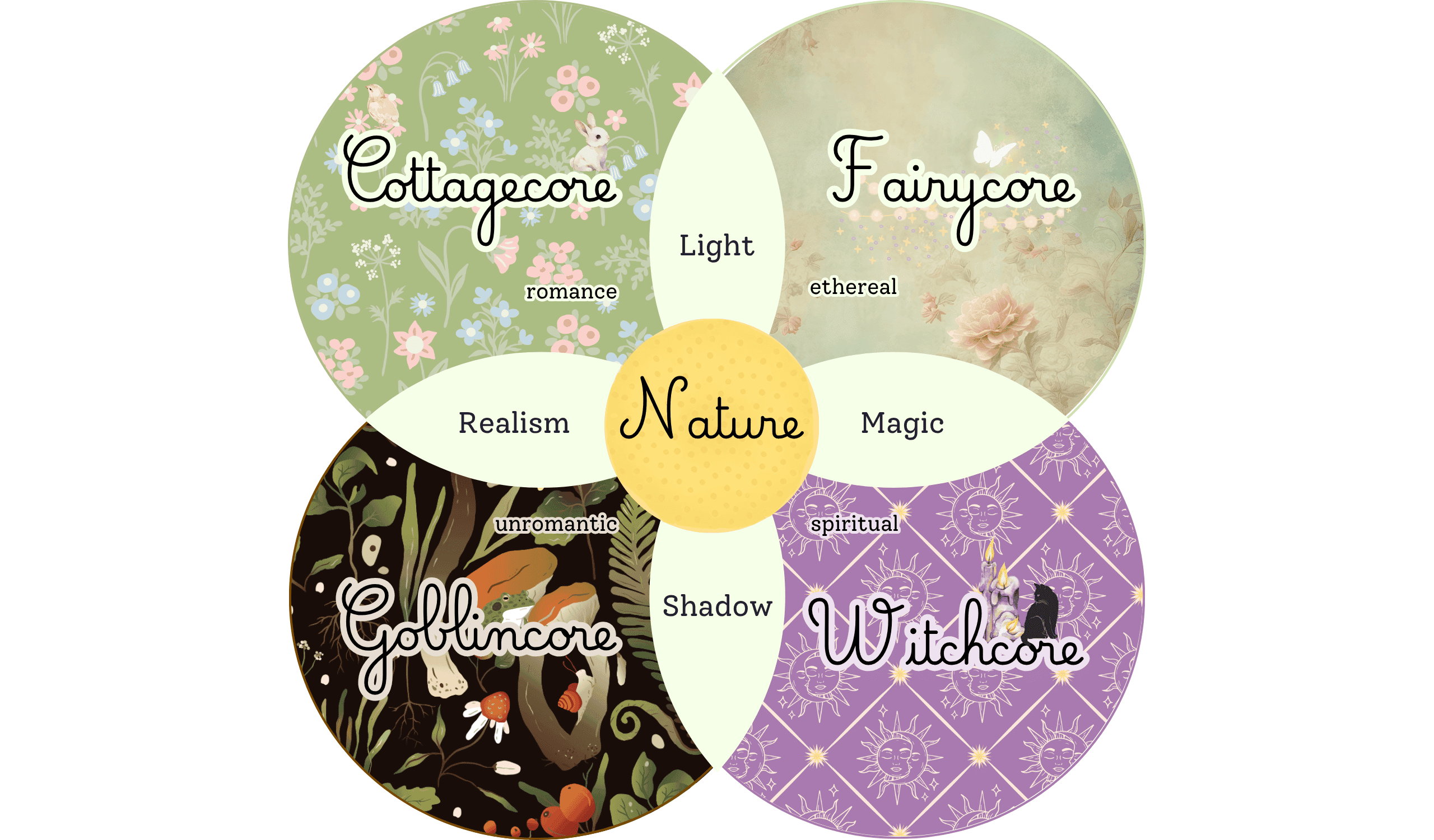 Hero Image of 4 Nature Aesthetics Venn Diagram: Cottagecore, Fairycore, Goblincore, Witchcore