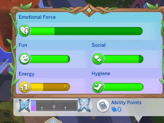 Sims 4 Fairy Needs UI Emotional force Game interface showing status bars: Emotional Force, Fun, Social, Energy, Hygiene. Each bar is partially filled; Ability Points: 0.