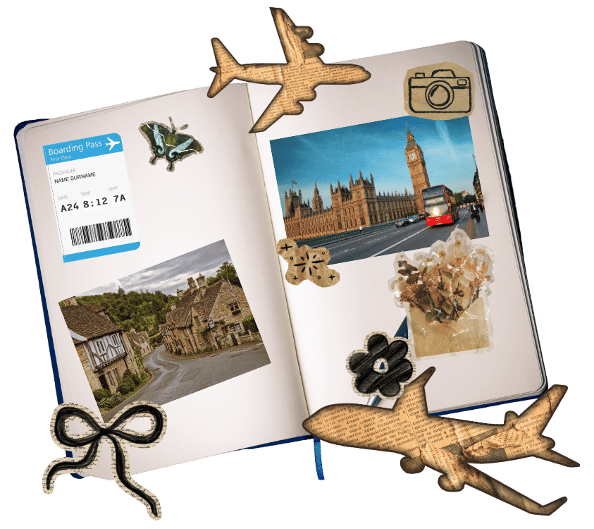 Travel Scrapbook Mock Travel Scrapbook showcasing a page on England