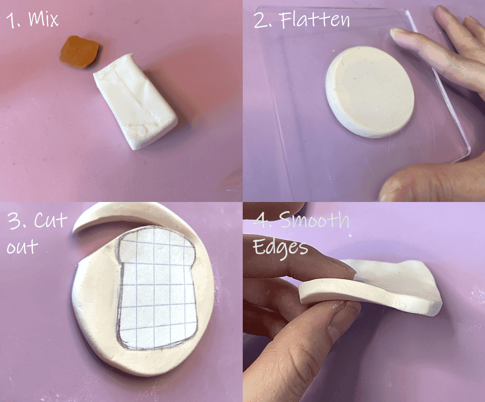 4 image collage of shaping the clay to cut out a toast shape